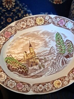Large Brown Transfer Hand Coloured Castle Style Platter